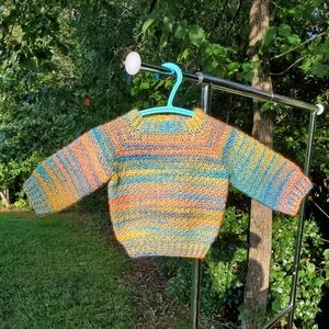 Multicolor Handmade Crochet Baby Sweater w/ Ribbed Collar, Sleeves, & Bottom
